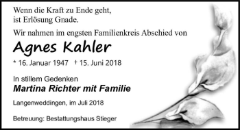 Traueranzeige von Agnes Kahler  von Magdeburger Volksstimme