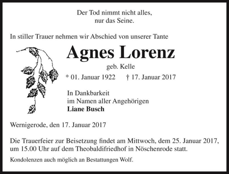 Traueranzeige für Agnes Lorenz (geb. Kelle)  vom 20.01.2017 aus Magdeburger Volksstimme