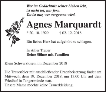 Traueranzeige von Agnes Marquardt  von Magdeburger Volksstimme