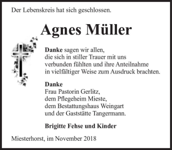 Traueranzeige von Agnes Müller  von Magdeburger Volksstimme