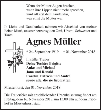 Traueranzeige von Agnes Müller  von Magdeburger Volksstimme