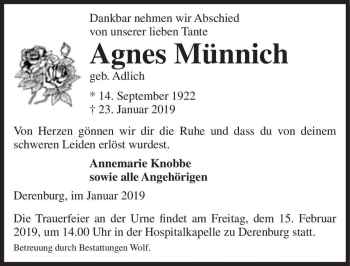 Traueranzeige von Agnes Münnich (geb. Adlich)  von Magdeburger Volksstimme