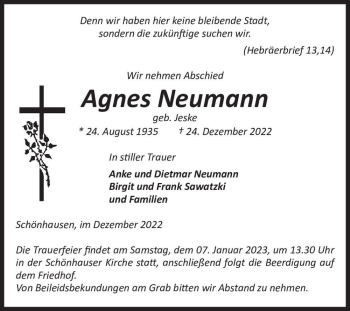Traueranzeige von Agnes Neumann (geb. Jeske)  von Magdeburger Volksstimme