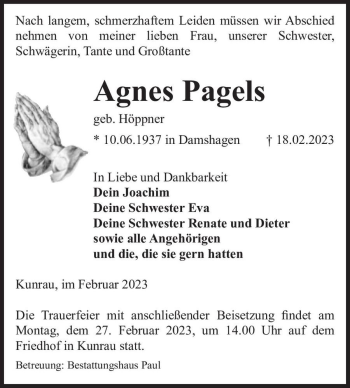 Traueranzeige von Agnes Pagels (geb. Höppner)  von Magdeburger Volksstimme