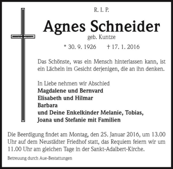 Traueranzeige von Agnes Schneider (geb. Kuntze)  von Magdeburger Volksstimme