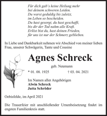 Traueranzeige von Agnes Schreck (geb. Neumann)  von Magdeburger Volksstimme