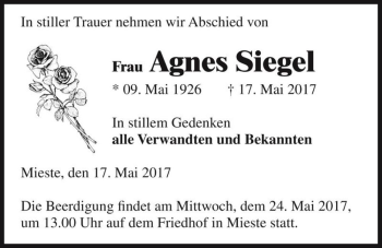 Traueranzeige von Agnes Siegel  von Magdeburger Volksstimme