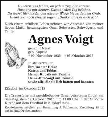 Traueranzeige von Agnes Voigt (genannt Nessi, geb. Kupzik)  von Magdeburger Volksstimme