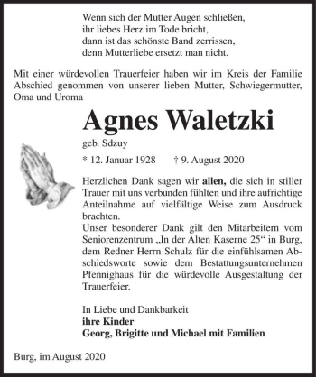 Traueranzeige von Agnes Waletzki (geb. Sdzuy)  von Magdeburger Volksstimme