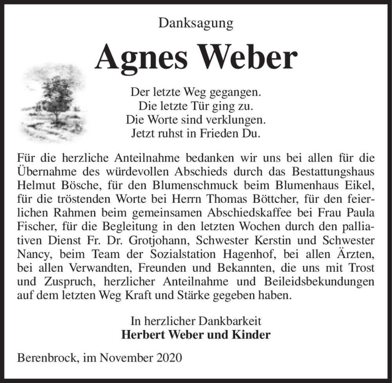  Traueranzeige für Agnes Weber  vom 10.11.2020 aus Magdeburger Volksstimme