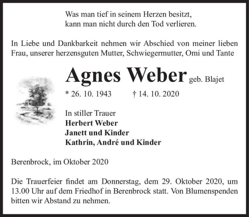  Traueranzeige für Agnes Weber (geb. Blajet)  vom 19.10.2020 aus Magdeburger Volksstimme