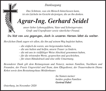 Traueranzeige von Agrar-Ing. Gerhard Seidel  von Magdeburger Volksstimme