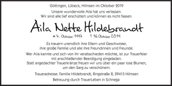 Traueranzeige von Aila Nette Hildebrandt  von Magdeburger Volksstimme