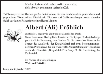 Traueranzeige von Albert (Ali) Fröhlich  von Magdeburger Volksstimme