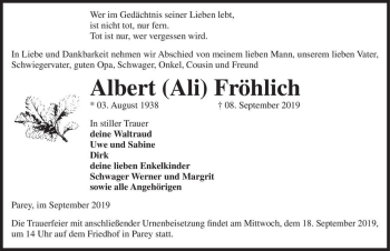 Traueranzeige von Albert (Ali) Fröhlich  von Magdeburger Volksstimme
