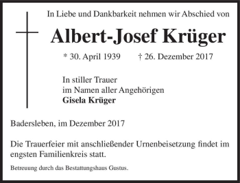 Traueranzeige von Albert-Josef Krüger  von Magdeburger Volksstimme