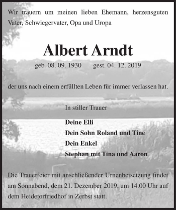 Traueranzeige von Albert Arndt  von Magdeburger Volksstimme