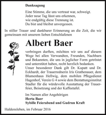 Traueranzeige von Albert Baer  von Magdeburger Volksstimme