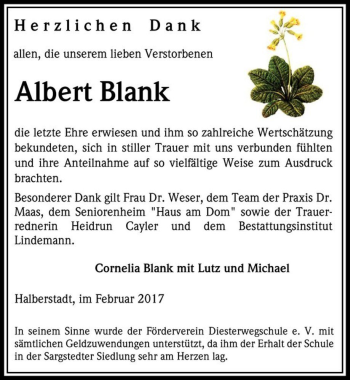 Traueranzeige von Albert Blank  von Magdeburger Volksstimme