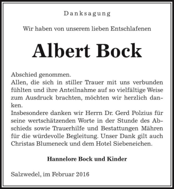 Traueranzeige von Albert Bock  von Magdeburger Volksstimme