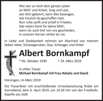 Traueranzeige von Albert Bornkampf  von Magdeburger Volksstimme