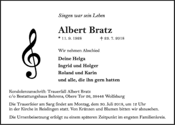 Traueranzeige von Albert Bratz  von Magdeburger Volksstimme