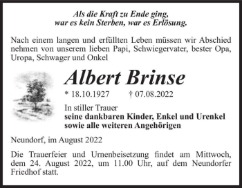 Traueranzeige von Albert Brinse  von Magdeburger Volksstimme