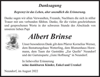 Traueranzeige von Albert Brinse  von Magdeburger Volksstimme
