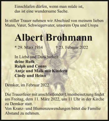 Traueranzeige von Albert Brohmann  von Magdeburger Volksstimme