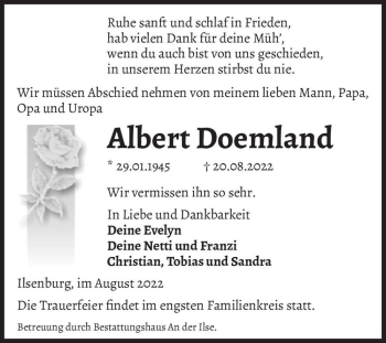 Traueranzeige von Albert Doemland  von Magdeburger Volksstimme