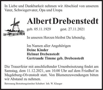 Traueranzeige von Albert Drebenstedt  von Magdeburger Volksstimme