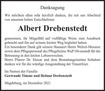 Traueranzeige von Albert Drebenstedt  von Magdeburger Volksstimme
