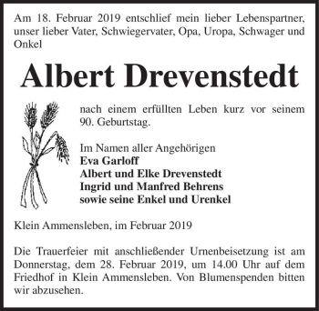 Traueranzeige von Albert Drevenstedt  von Magdeburger Volksstimme