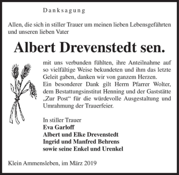 Traueranzeige von Albert Drevenstedt sen.  von Magdeburger Volksstimme