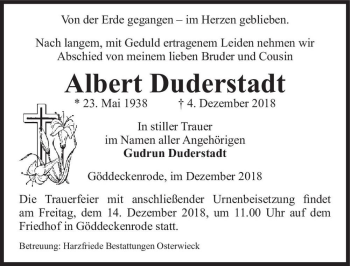 Traueranzeige von Albert Duderstadt  von Magdeburger Volksstimme