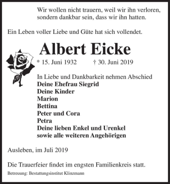 Traueranzeige von Albert Eicke  von Magdeburger Volksstimme