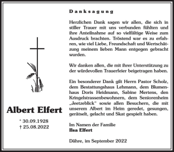 Traueranzeige von Albert Elfert  von Magdeburger Volksstimme