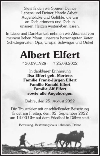 Traueranzeige von Albert Elfert  von Magdeburger Volksstimme