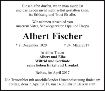 Traueranzeige von Albert Fischer  von Magdeburger Volksstimme