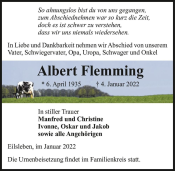 Traueranzeige von Albert Flemming  von Magdeburger Volksstimme