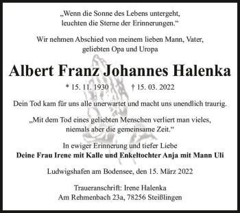Traueranzeige von Albert Franz Johannes Halenka  von Magdeburger Volksstimme