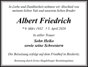 Traueranzeige von Albert Friedrich  von Magdeburger Volksstimme