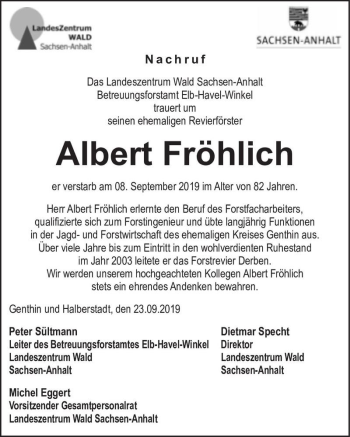 Traueranzeige von Albert Fröhlich  von Magdeburger Volksstimme