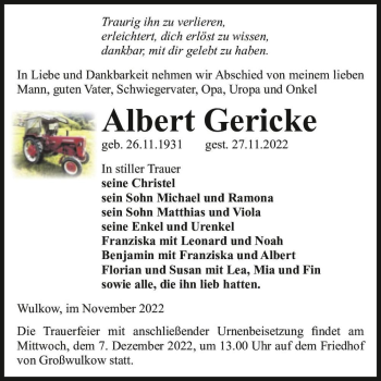 Traueranzeige von Albert Gericke  von Magdeburger Volksstimme