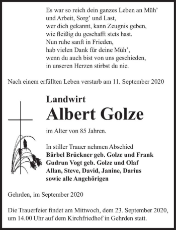 Traueranzeige von Albert Golze  von Magdeburger Volksstimme