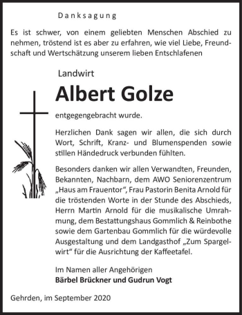 Traueranzeige von Albert Golze  von Magdeburger Volksstimme