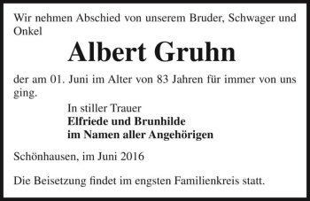 Traueranzeige von Albert Gruhn  von Magdeburger Volksstimme