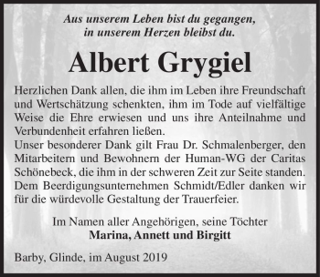 Traueranzeige von Albert Grygiel  von Magdeburger Volksstimme