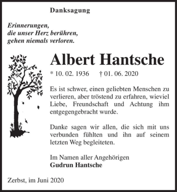 Traueranzeige von Albert Hantsche  von Magdeburger Volksstimme