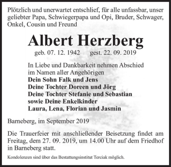 Traueranzeige von Albert Herberg  von Magdeburger Volksstimme